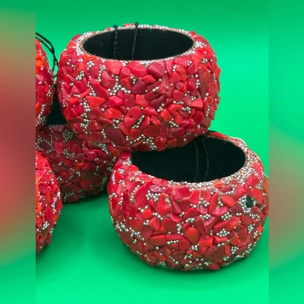NWT Pier 1 Imports Red Mosaic Coral Rocks Napkin Rings Set Of 8